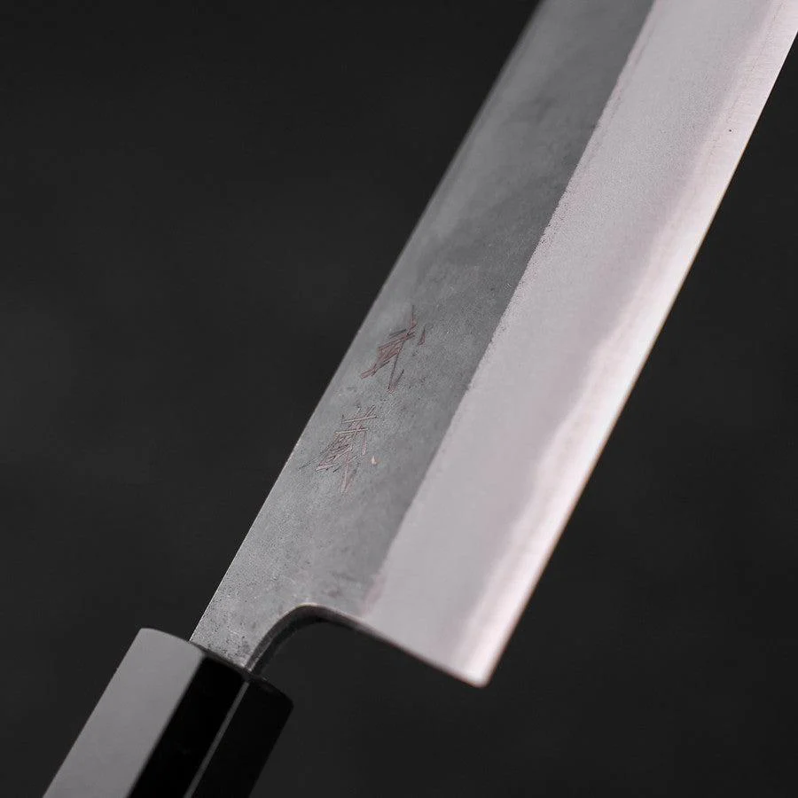 Santoku Blue Steel #2 Kurouchi Büffelhorn und Teakholz Griff 165mm - Image 3