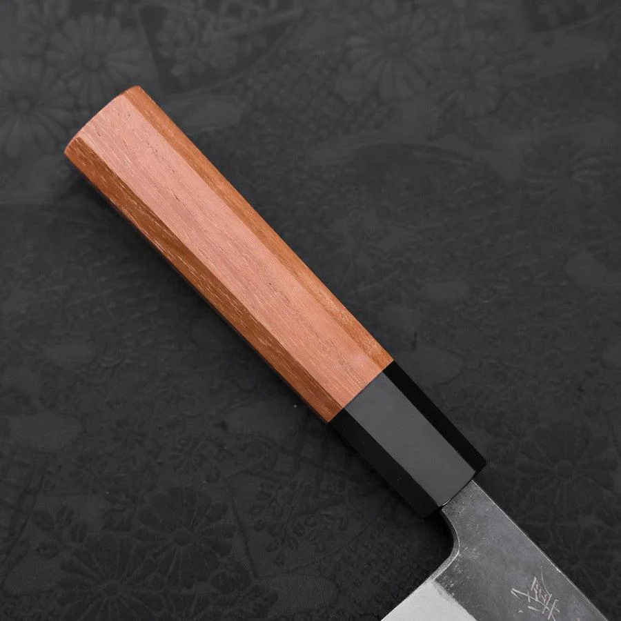 Santoku Blue Steel #2 Kurouchi Büffelhorn und Teakholz Griff 165mm - Image 6