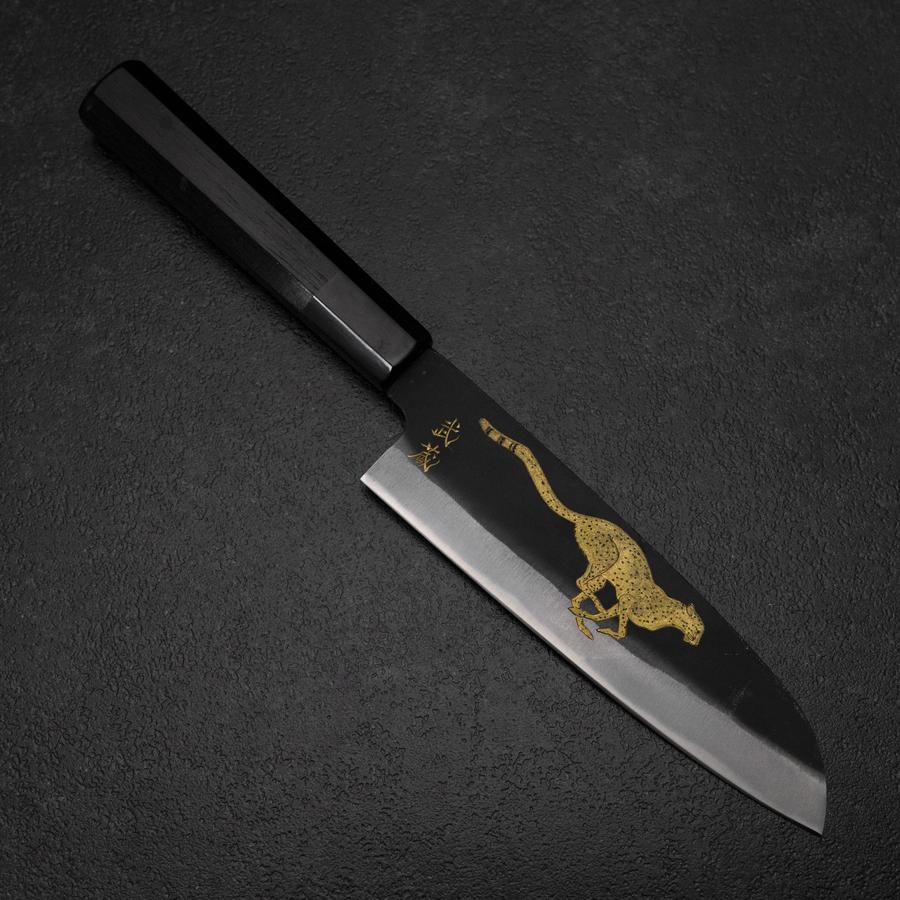 Santoku Blue Steel #2 Kurouchi Chokin Gepard Büffelhorn und Ebenholz Griff 165mm