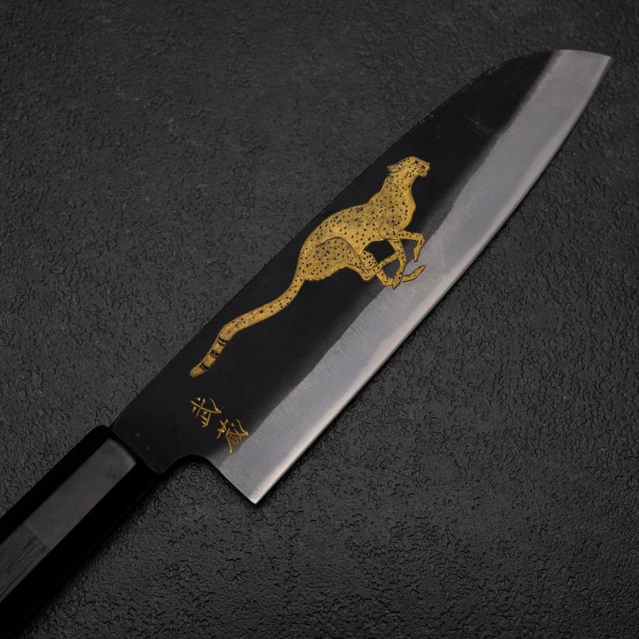 Santoku Blue Steel #2 Kurouchi Chokin Gepard Büffelhorn und Ebenholz Griff 165mm - Image 3