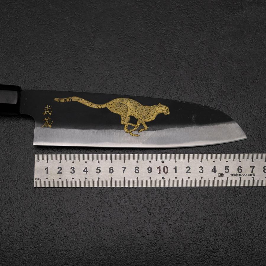 Santoku Blue Steel #2 Kurouchi Chokin Gepard Büffelhorn und Ebenholz Griff 165mm - Image 8