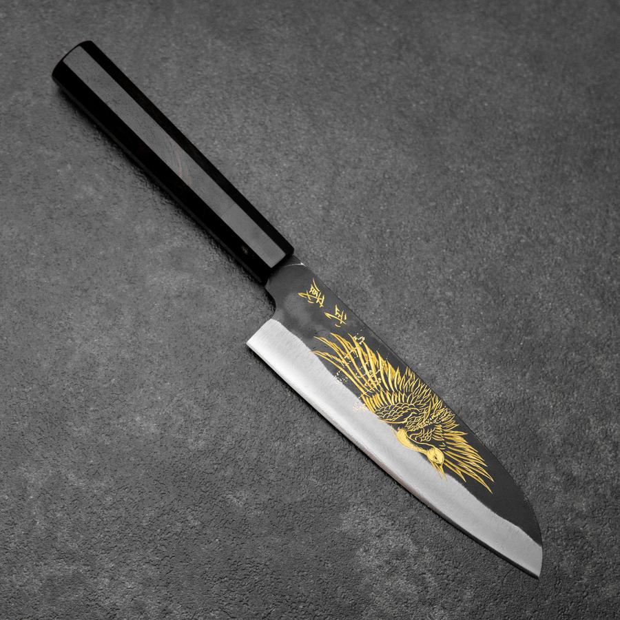 Santoku Blue Steel #2 Kurouchi Chokin Kranich Büffelhorn und Ebenholz Griff 165mm
