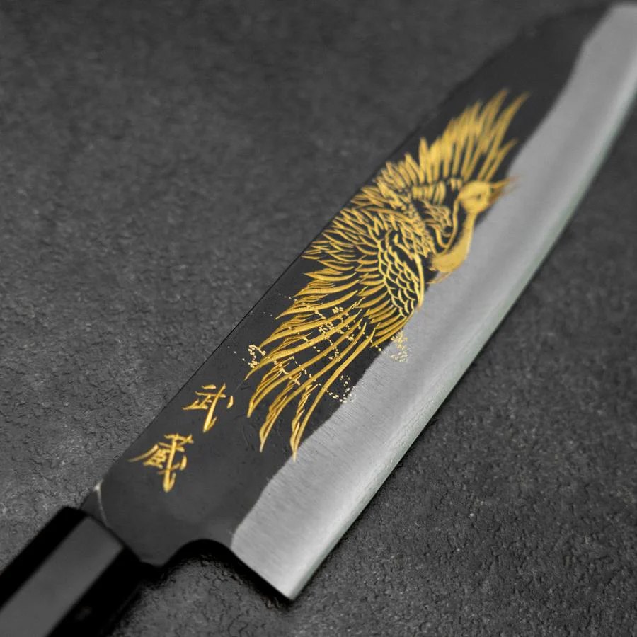 Santoku Blue Steel #2 Kurouchi Chokin Kranich Büffelhorn und Ebenholz Griff 165mm - Image 3