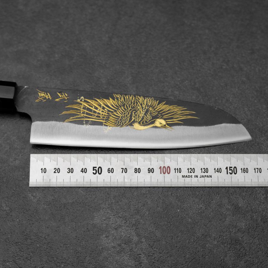 Santoku Blue Steel #2 Kurouchi Chokin Kranich Büffelhorn und Ebenholz Griff 165mm - Image 7