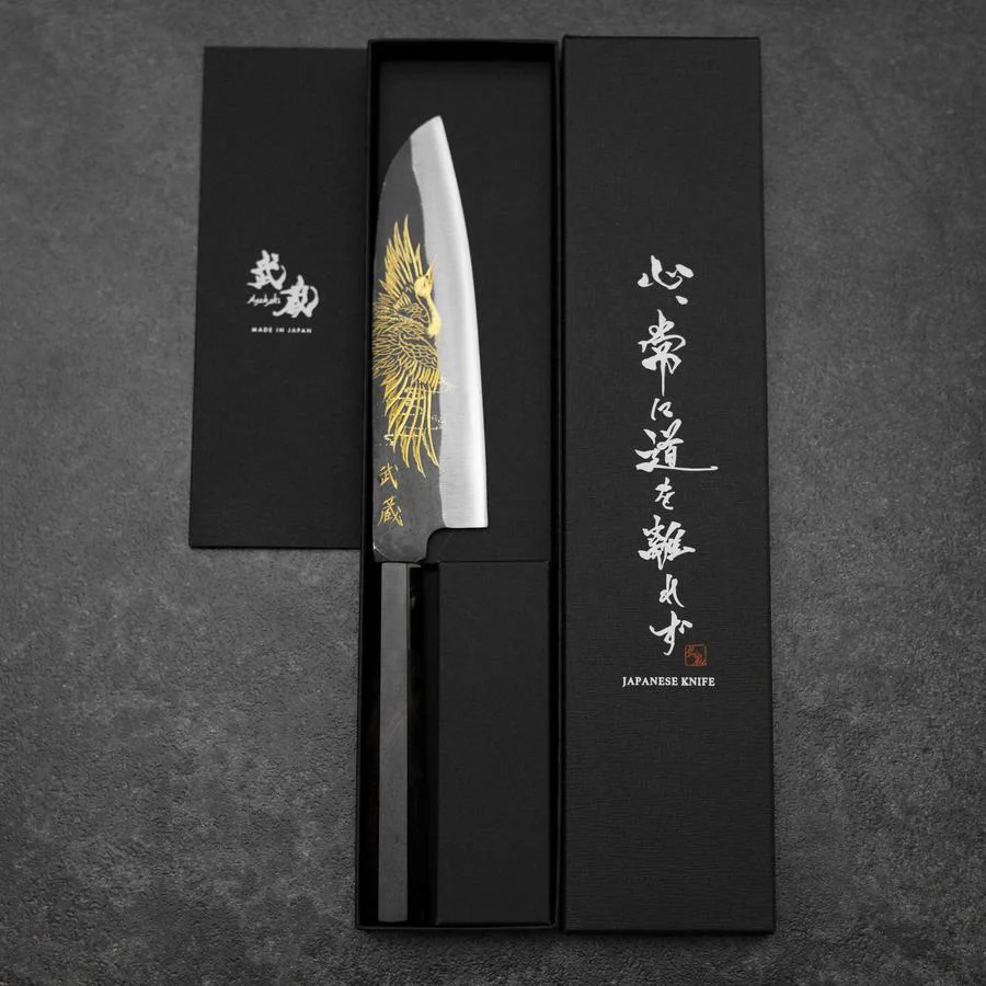Santoku Blue Steel #2 Kurouchi Chokin Kranich Büffelhorn und Ebenholz Griff 165mm - Image 8