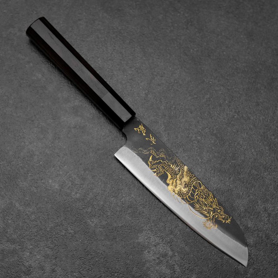 Santoku Blue Steel #2 Kurouchi Chokin Drache Büffelhorn und Ebenholz Griff 165mm