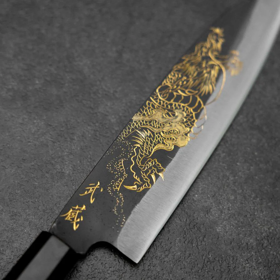 Santoku Blue Steel #2 Kurouchi Chokin Drache Büffelhorn und Ebenholz Griff 165mm - Image 3