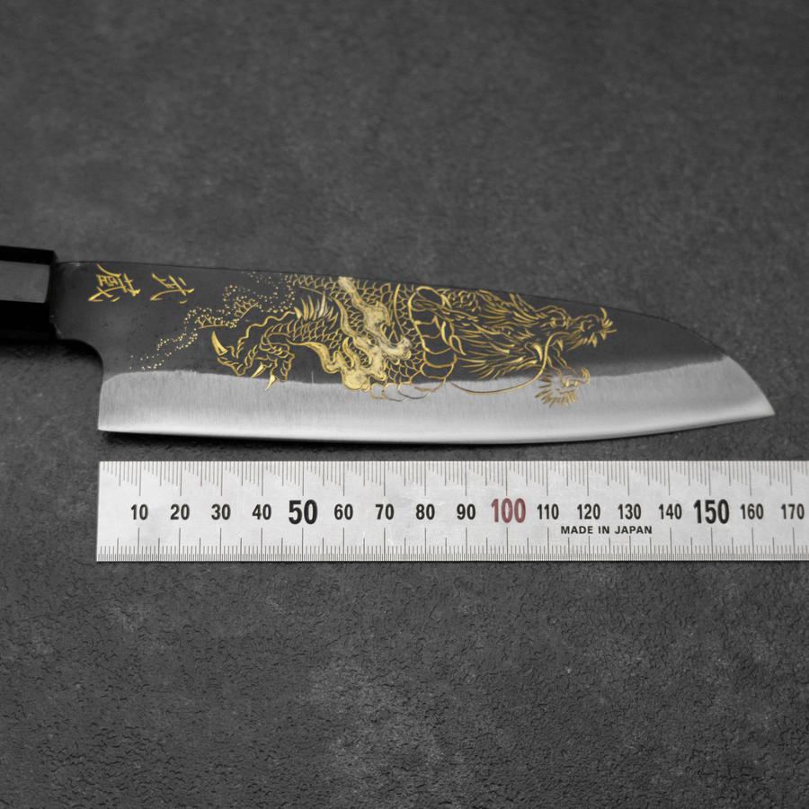 Santoku Blue Steel #2 Kurouchi Chokin Drache Büffelhorn und Ebenholz Griff 165mm - Image 7
