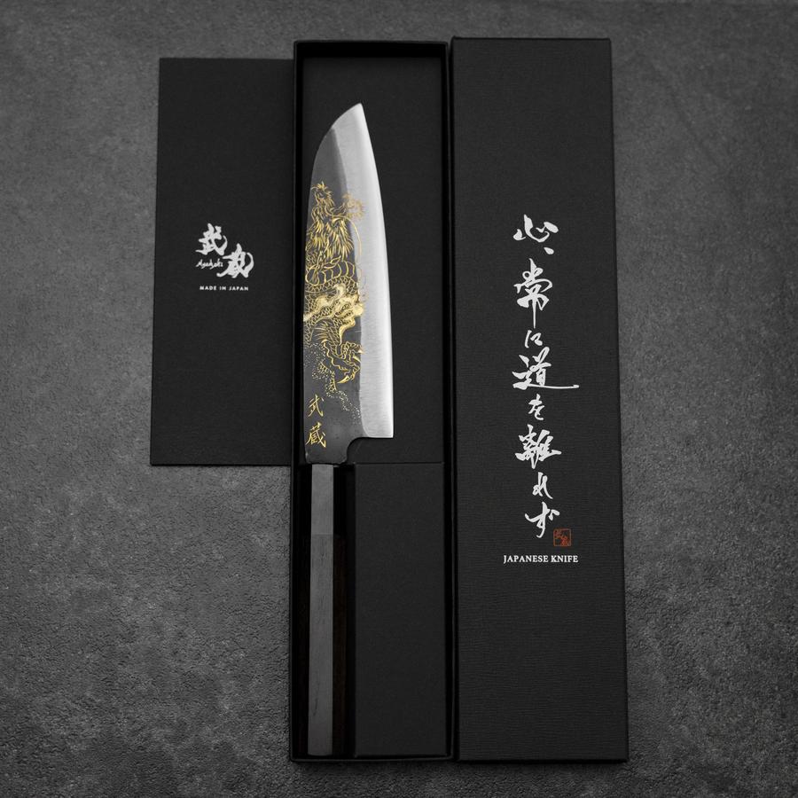 Santoku Blue Steel #2 Kurouchi Chokin Drache Büffelhorn und Ebenholz Griff 165mm - Image 8