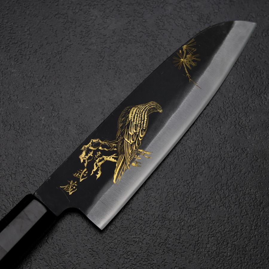 Santoku Blue Steel #2 Kurouchi Chokin Adler und Kiefer Büffelhorn und Ebenholz Griff 165mm - Image 3