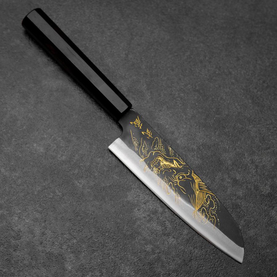 Santoku Blue Steel #2 Kurouchi Chokin Hannya Büffelhorn und Ebenholz Griff 165mm