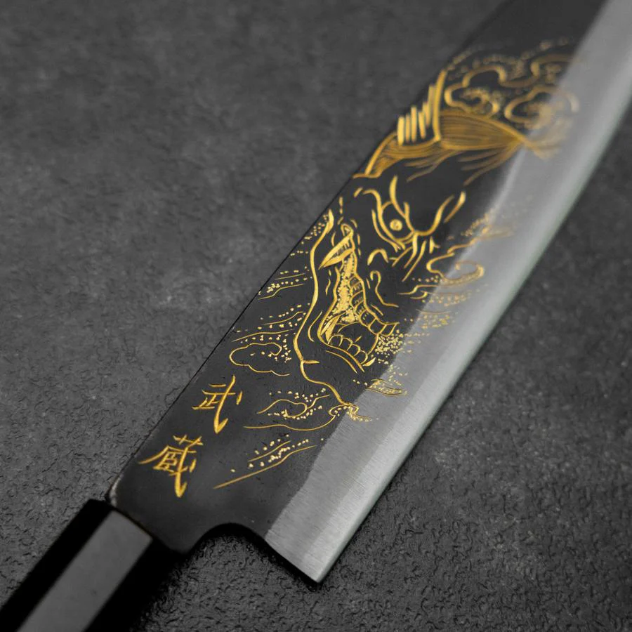 Santoku Blue Steel #2 Kurouchi Chokin Hannya Büffelhorn und Ebenholz Griff 165mm - Image 3