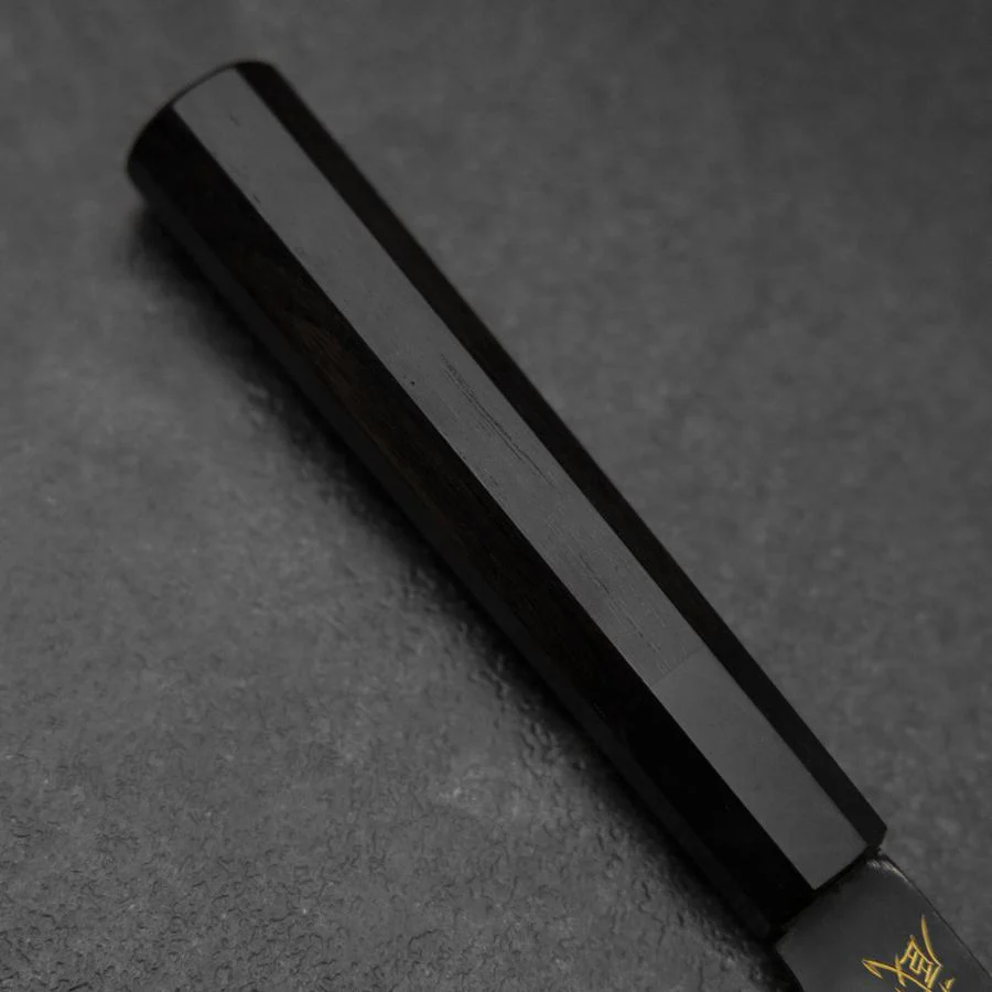 Santoku Blue Steel #2 Kurouchi Chokin Hannya Büffelhorn und Ebenholz Griff 165mm - Image 6