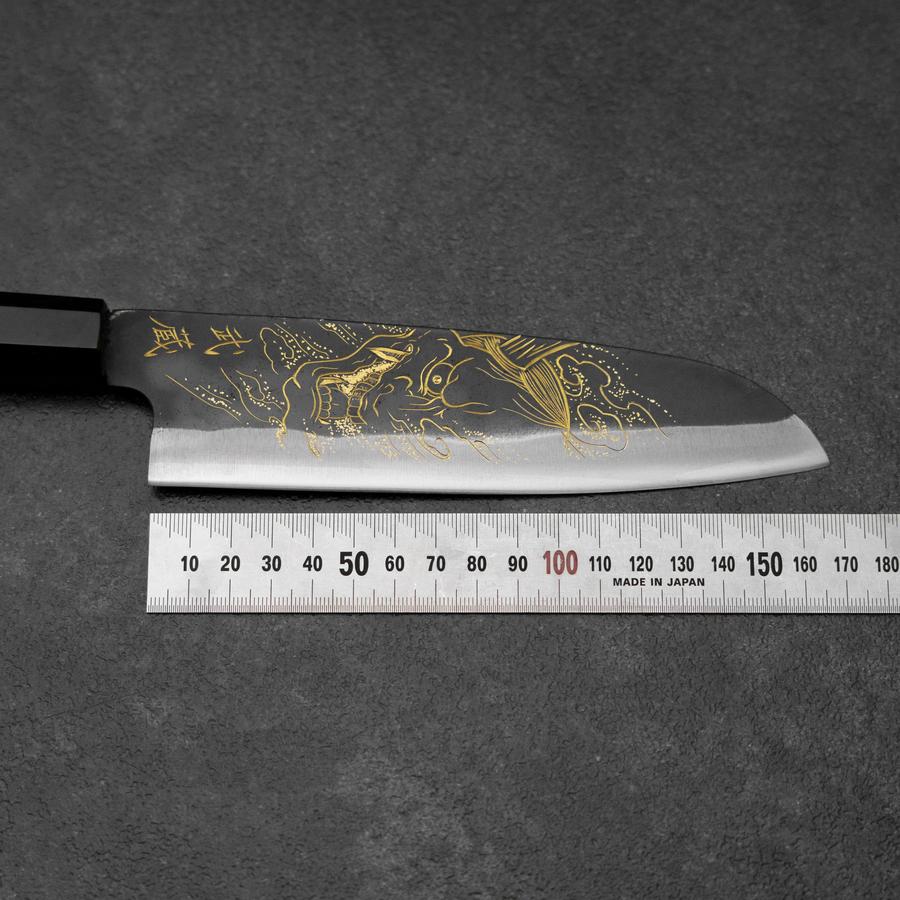 Santoku Blue Steel #2 Kurouchi Chokin Hannya Büffelhorn und Ebenholz Griff 165mm - Image 7