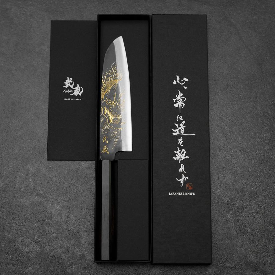 Santoku Blue Steel #2 Kurouchi Chokin Hannya Büffelhorn und Ebenholz Griff 165mm - Image 8