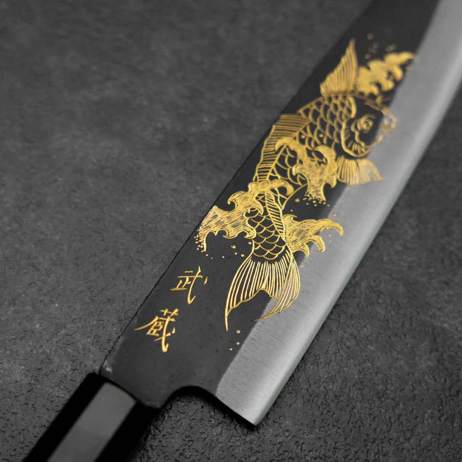 Santoku Blue Steel #2 Kurouchi Chokin Koi Büffelhorn und Ebenholz Griff 165mm - Image 3