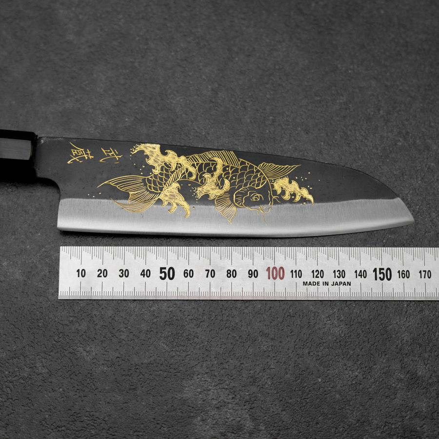 Santoku Blue Steel #2 Kurouchi Chokin Koi Büffelhorn und Ebenholz Griff 165mm - Image 7