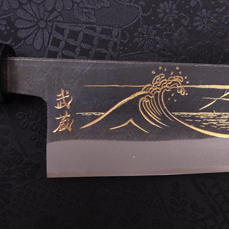 Santoku Blue Steel #2 Kurouchi Chokin "Welle An Fuji" Büffelhorn und Ebenholz Griff 170mm - Image 5