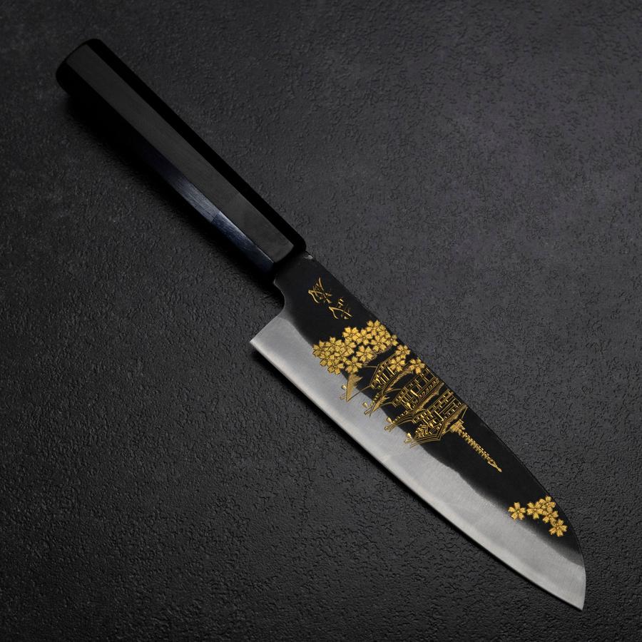 Santoku Blue Steel #2 Kurouchi Chokin Sakura Pagode Büffelhorn und Ebenholz Griff 165mm