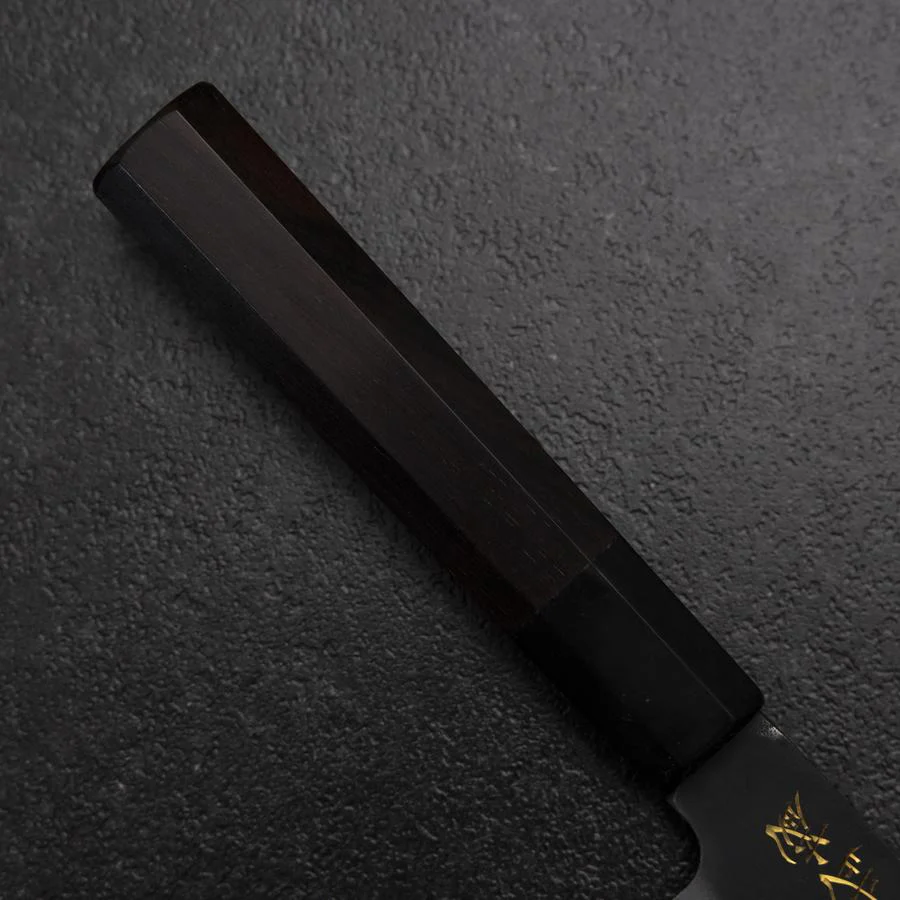Santoku Blue Steel #2 Kurouchi Chokin Sakura Pagode Büffelhorn und Ebenholz Griff 165mm - Image 6