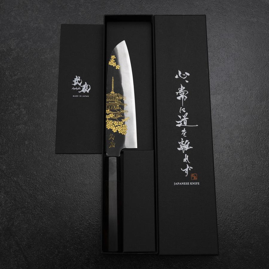 Santoku Blue Steel #2 Kurouchi Chokin Sakura Pagode Büffelhorn und Ebenholz Griff 165mm - Image 7