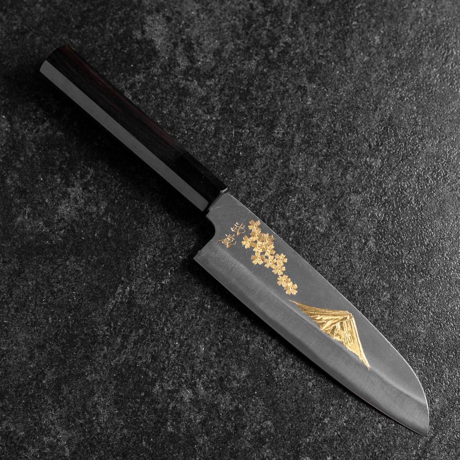 Santoku Blue Steel #2 Kurouchi Chokin Sakura-Fuji Büffelhorn und Ebenholz Griff 165mm