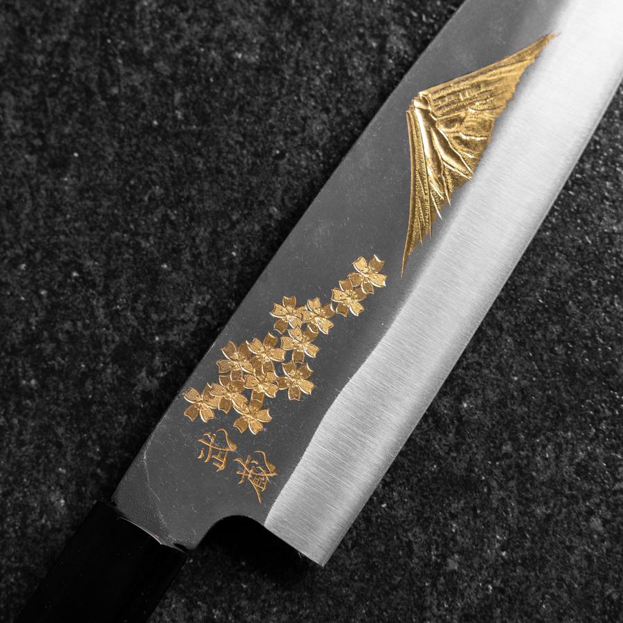 Santoku Blue Steel #2 Kurouchi Chokin Sakura-Fuji Büffelhorn und Ebenholz Griff 165mm - Image 3