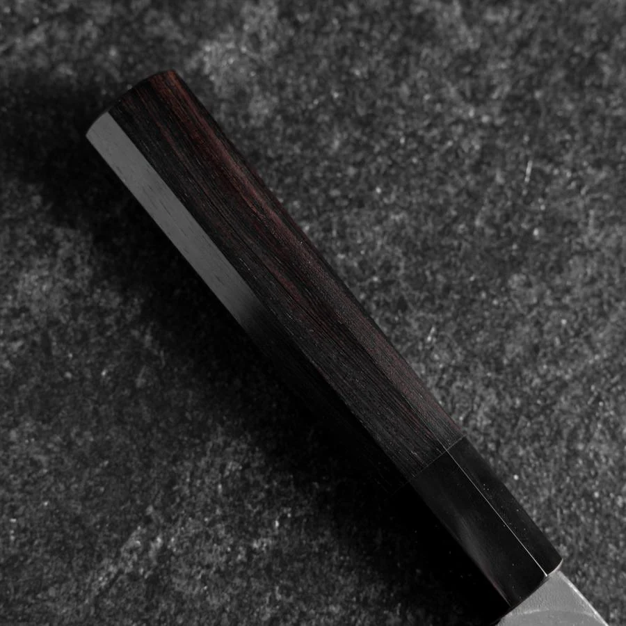 Santoku Blue Steel #2 Kurouchi Chokin Sakura-Fuji Büffelhorn und Ebenholz Griff 165mm - Image 6