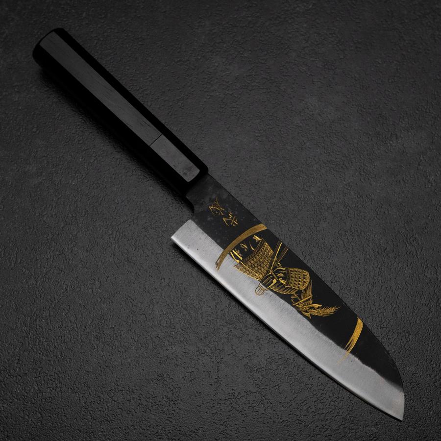 Santoku Blue Steel #2 Kurouchi Chokin Samurai im Neumond Büffelhorn und Ebenholz Griff 165mm