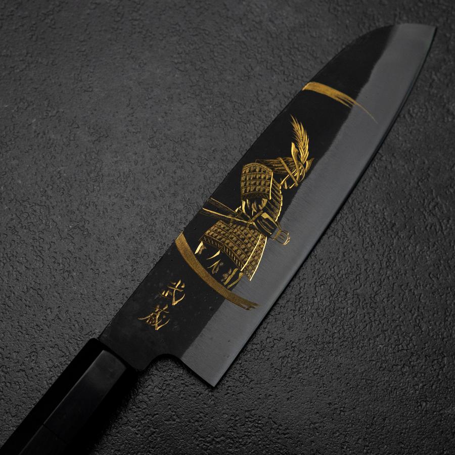 Santoku Blue Steel #2 Kurouchi Chokin Samurai im Neumond Büffelhorn und Ebenholz Griff 165mm - Image 3