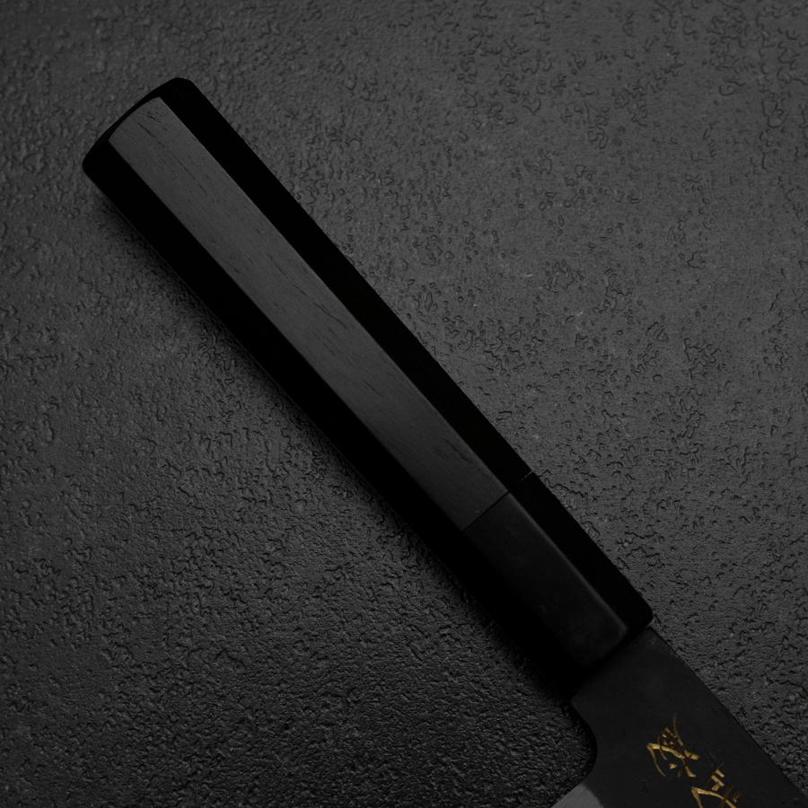 Santoku Blue Steel #2 Kurouchi Chokin Samurai im Neumond Büffelhorn und Ebenholz Griff 165mm - Image 6