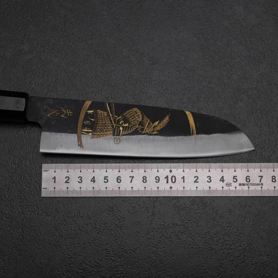 Santoku Blue Steel #2 Kurouchi Chokin Samurai im Neumond Büffelhorn und Ebenholz Griff 165mm - Image 7