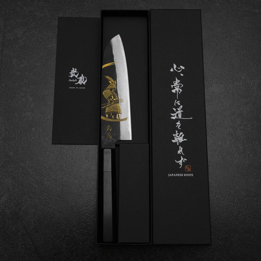 Santoku Blue Steel #2 Kurouchi Chokin Samurai im Neumond Büffelhorn und Ebenholz Griff 165mm - Image 8