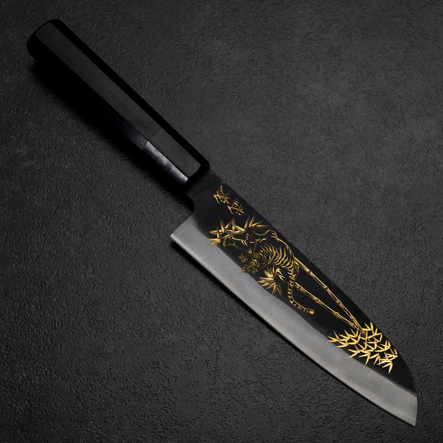 Santoku Blue Steel #2 Kurouchi Chokin Tiger im Bambus Büffelhorn und Ebenholz Griff 165mm