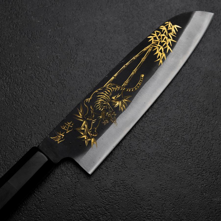 Santoku Blue Steel #2 Kurouchi Chokin Tiger im Bambus Büffelhorn und Ebenholz Griff 165mm - Image 3