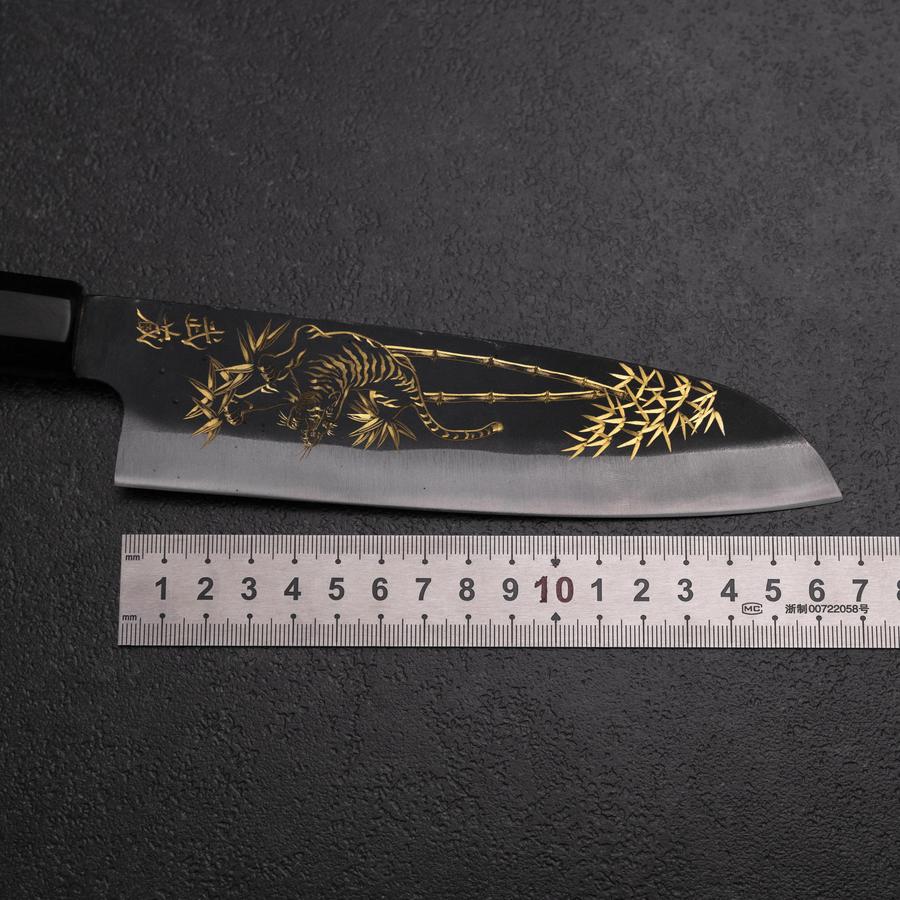 Santoku Blue Steel #2 Kurouchi Chokin Tiger im Bambus Büffelhorn und Ebenholz Griff 165mm - Image 7