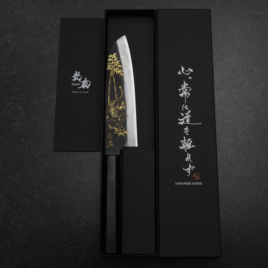 Santoku Blue Steel #2 Kurouchi Chokin Tiger im Bambus Büffelhorn und Ebenholz Griff 165mm - Image 8