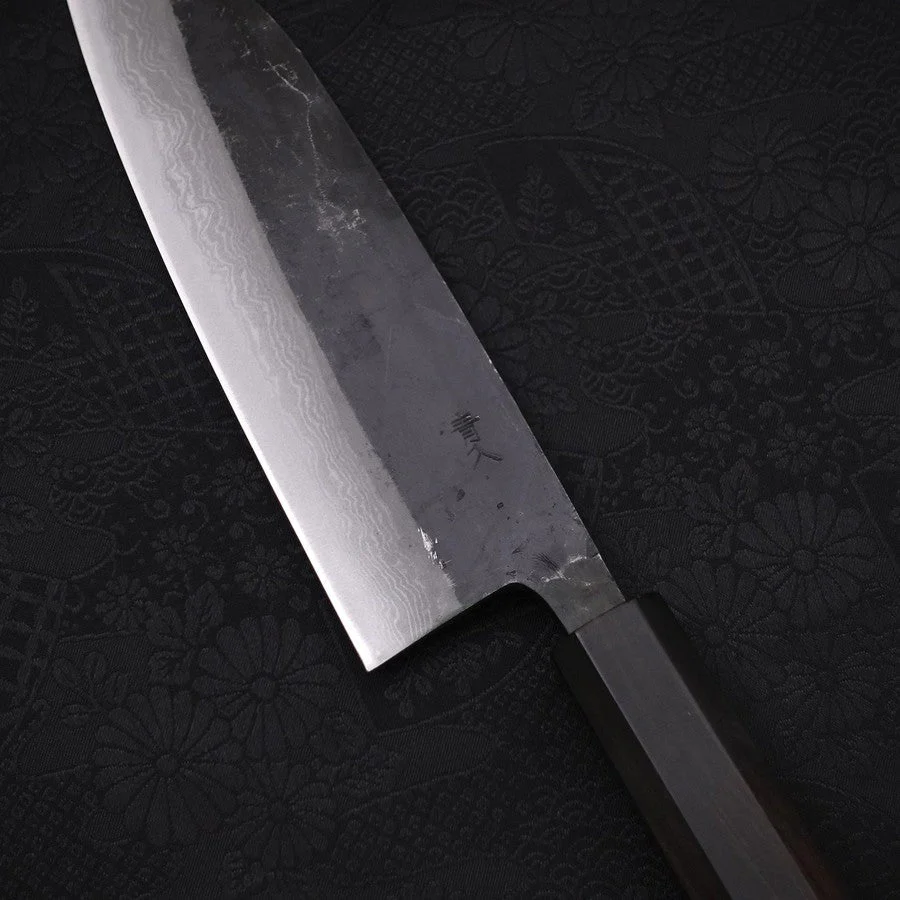 Santoku Blue Steel #2 Kurouchi Damast Büffelhorn und Ebenholz Griff 165mm - Image 3