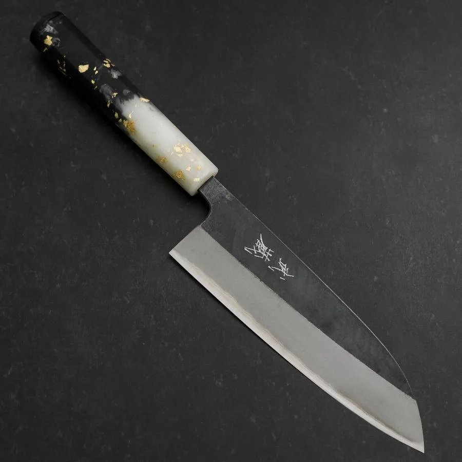 Santoku Blue Steel #2 Kurouchi Weiß-Schwarzer Ozeanplastik Griff mit Blattgold 165mm