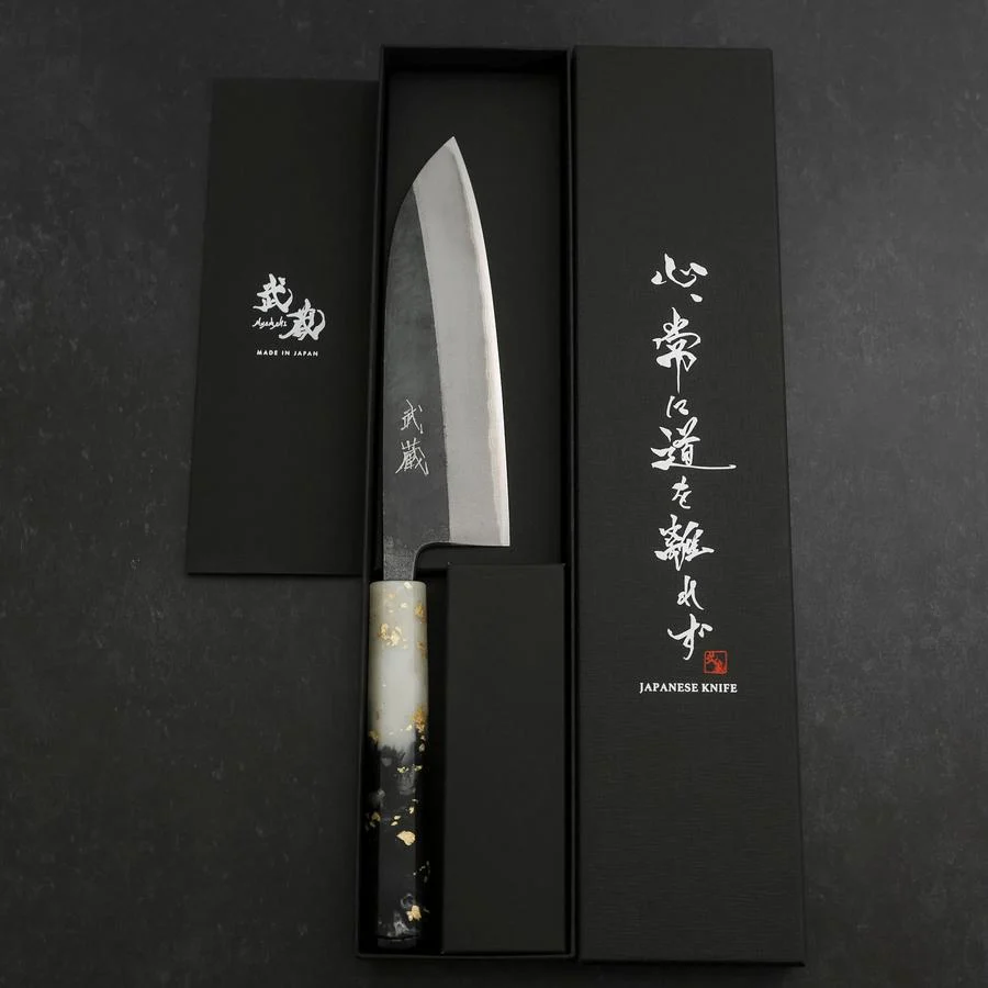 Santoku Blue Steel #2 Kurouchi Weiß-Schwarzer Ozeanplastik Griff mit Blattgold 165mm - Image 8