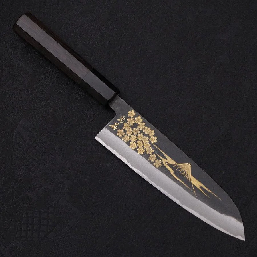 Santoku Blue Steel #2 Kurouchi Chokin "Sakura An Fuji" Büffelhorn und Ebenholz Griff 170mm