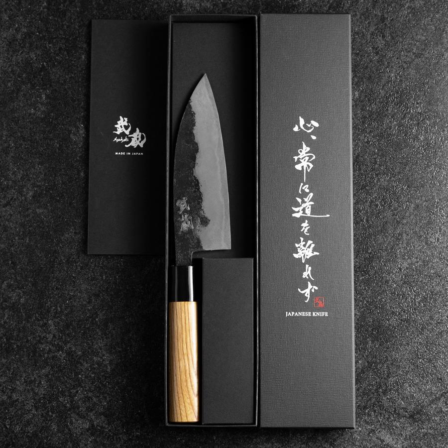 Santoku Blue Steel #2 Kurouchi Runder Zelkove Griff 150mm - Image 8