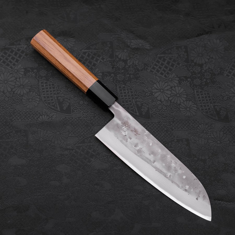 Santoku Blue Steel #2 Edelstahlummantelung Nashiji Büffelhorn und Teakholz Griff 165mm