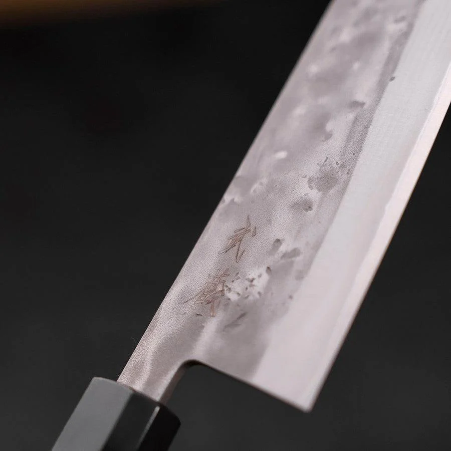 Santoku Blue Steel #2 Edelstahlummantelung Nashiji Büffelhorn und Teakholz Griff 165mm - Image 3