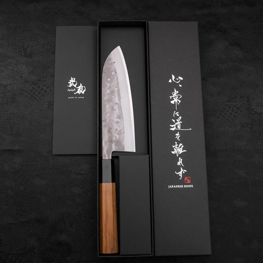 Santoku Blue Steel #2 Edelstahlummantelung Nashiji Büffelhorn und Teakholz Griff 165mm - Image 8