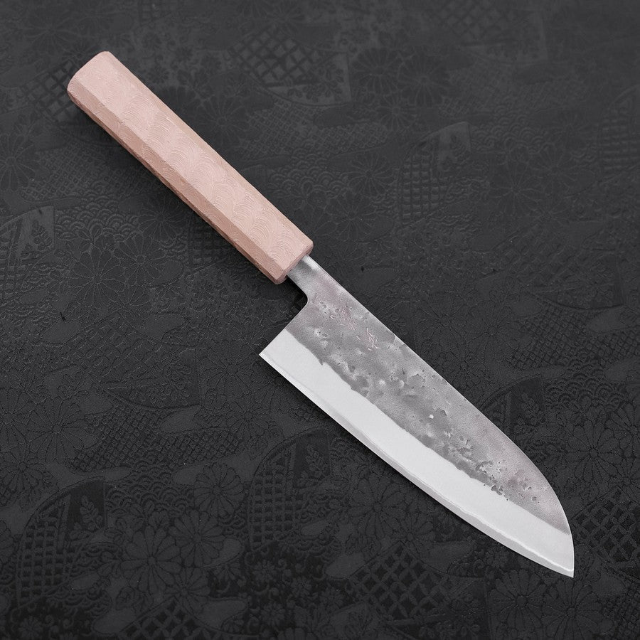 Santoku Blue Steel #2 Edelstahlummantelung Nashiji Weißer Ishime Griff 165mm