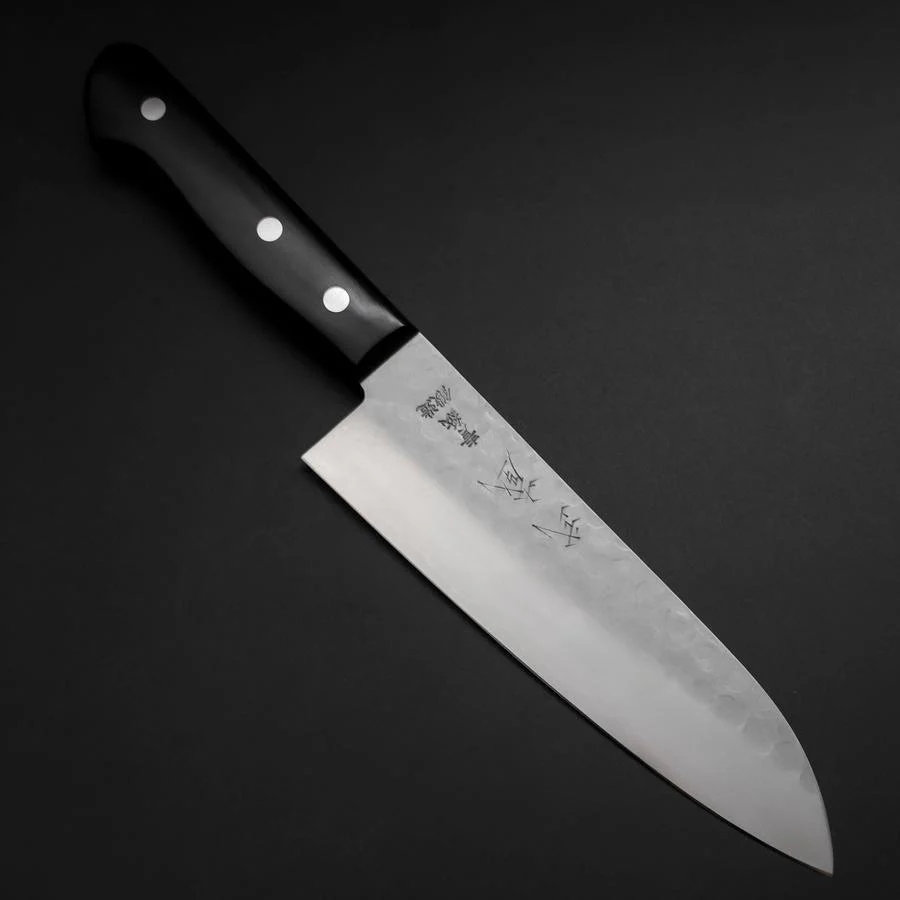 Santoku Blue Steel #2 Edelstahlummantelung Tsuchime Schwarzer Westlicher Griff 165mm