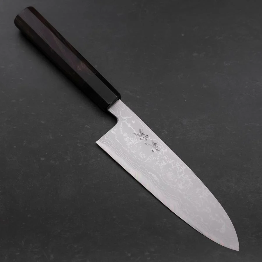 Santoku Blue Steel #2 Suminagashi Büffelhorn und Ebenholz Griff 170mm