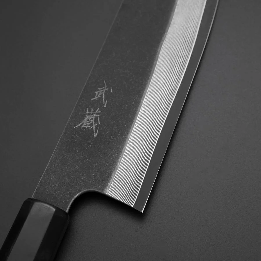Santoku Kobalt Edelstahl HRC62 Kurouchi Damast Büffelhorn und Ebenholz Griff 165mm - Image 3