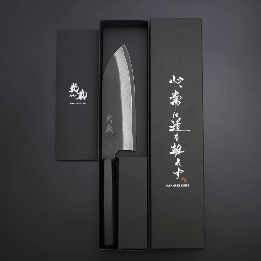 Santoku Kobalt Edelstahl HRC62 Kurouchi Damast Büffelhorn und Ebenholz Griff 165mm - Image 7
